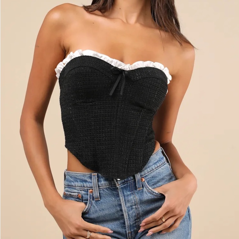 NEW Black Tweed Bustier Ruffled Crop Top